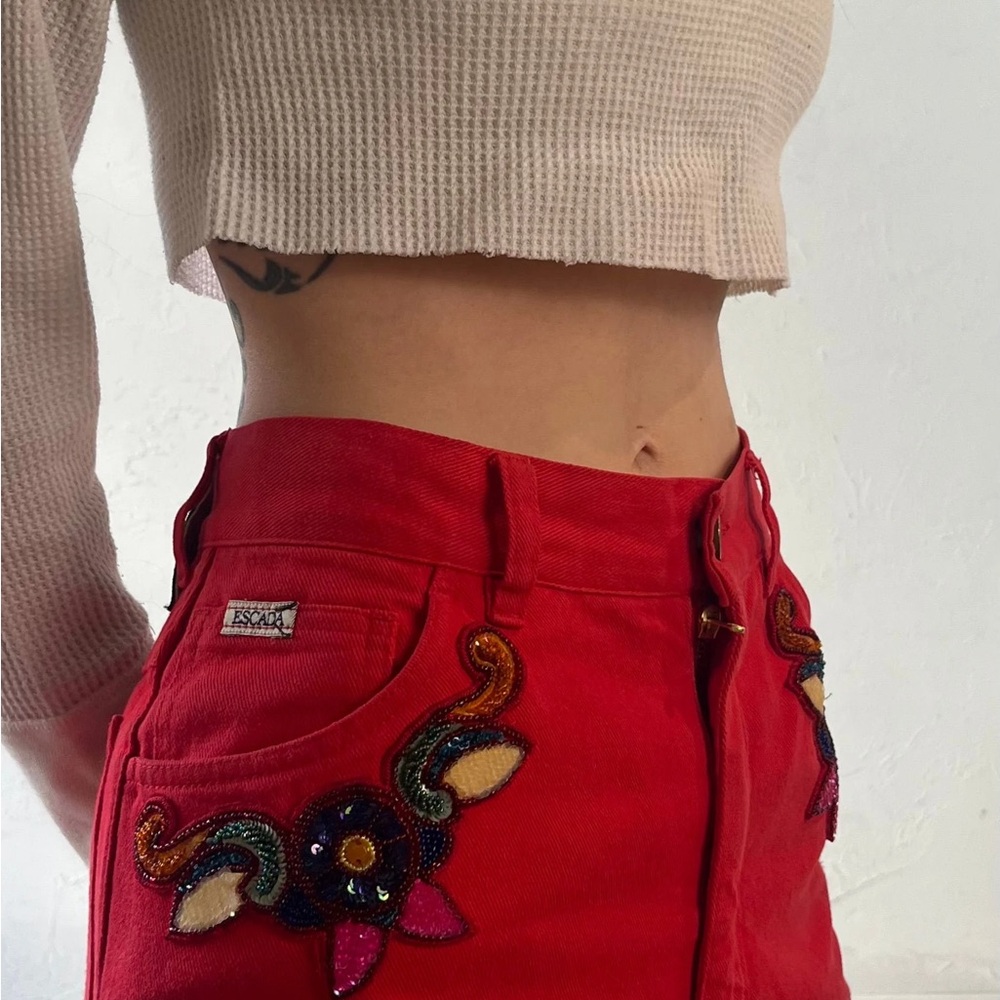 Vintage 90s Escada High Waisted Jeans - Red Embroidered Tapered Leg
